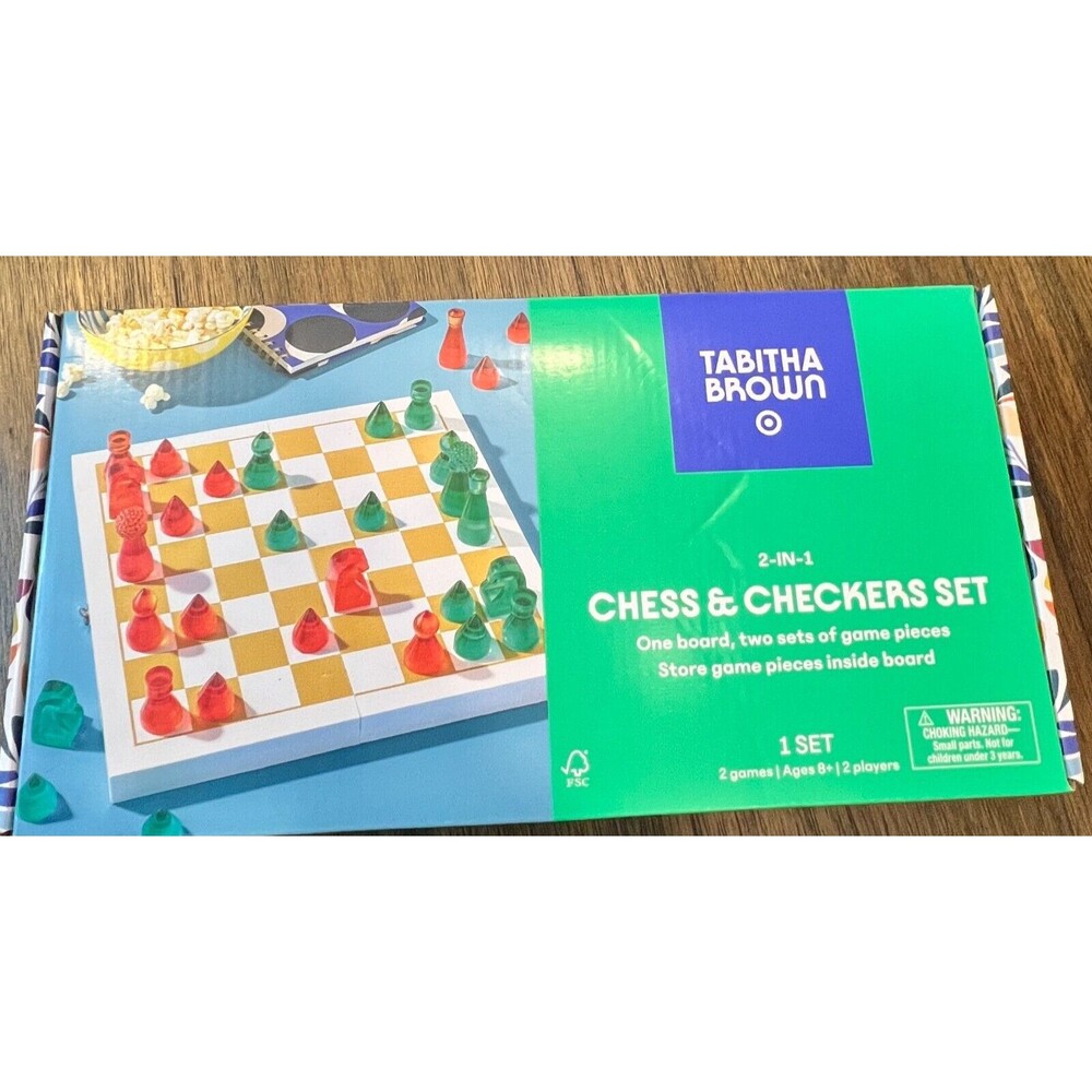 Tabitha Brown Target 2 in 1 Chess And Checker Game Set Acrylic Pieces Wood Board